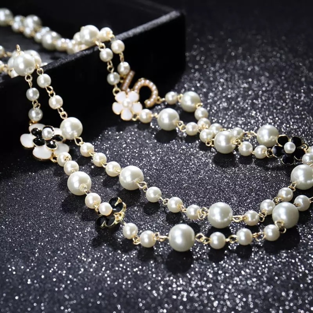 New Pearl Camellia Number5 Flower Double Long Necklace - Picture 7 of 17